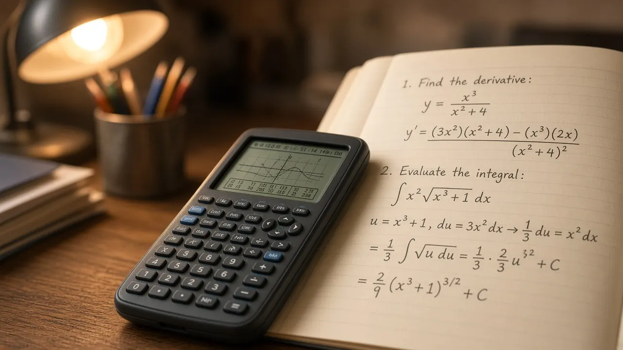 A calculator and a handwritten Jacobian matrix on a wooden desk.
