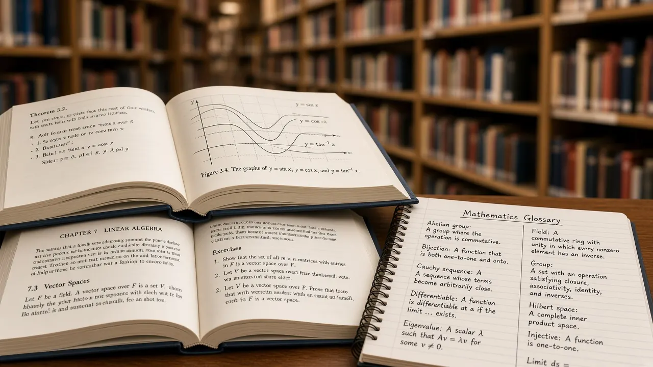 An open mathematics book, a notebook of definitions, and a cup of coffee on a wooden desk.