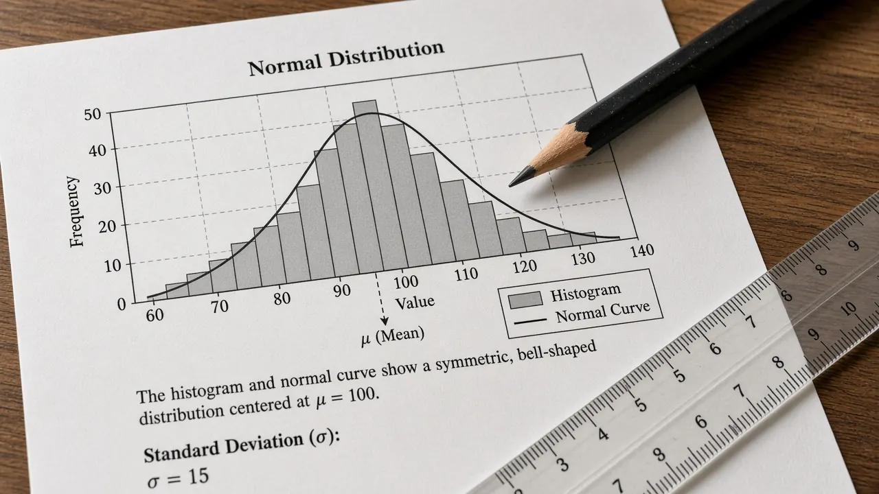 A histogram and a bell curve on a study desk beside a calculator.